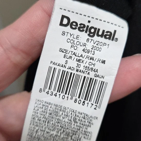 Desigual Black 100% Cotton Beaded Dress | V-Neck Embroidered Floral Art Mini - Picture 9 of 10